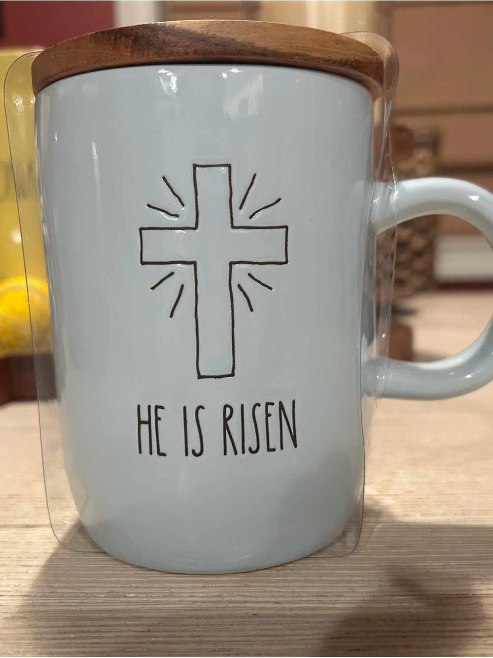 Rae Dunn He Is Risen Light Blue Coffee Mug with Wooden Lid, New